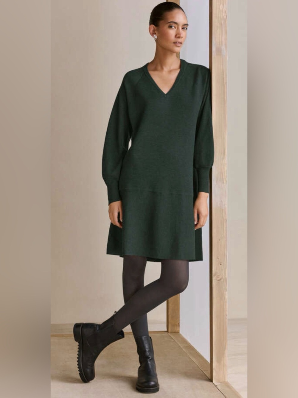 Poetry PEPLUM-DETAIL DRESS Merino wool in Dark forest